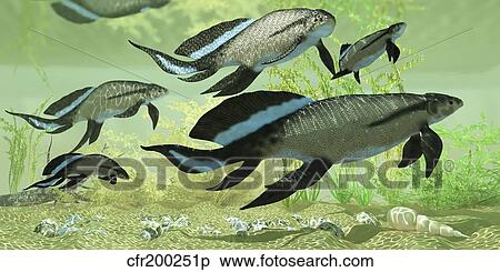 Stock Illustration - A group of Scaumenacia lobe-finned fish from the Devonian period.. Fotosearch