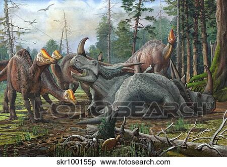 Stock Illustration - A group of young Hypacrosaurus approach a couple Rubeosaurus relaxing in the woods.. Fotosearch