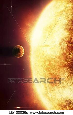 A growing Sun about to burn a nearby planet. View Large Illustration Stock Illustration - A growing Sun about to burn a nearby planet.. Fotosearch
