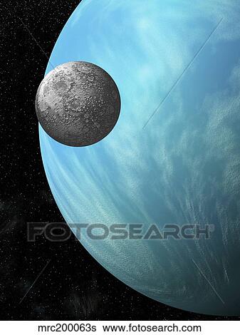 Stock Illustration - A heavily cratered moon in orbit around a water covered planet.. Fotosearch