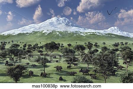 Stock Illustration - A herd of Albertaceratops grazing.. Fotosearch