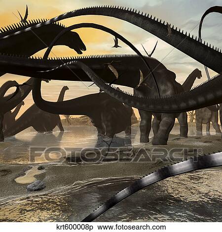 Stock Illustration - A herd of Argentinosaurus marching along the side of a beach.. Fotosearch