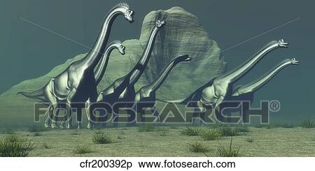 Stock Illustration - A herd of Brachiosaurus dinosaurs pass a high bluff.. Fotosearch