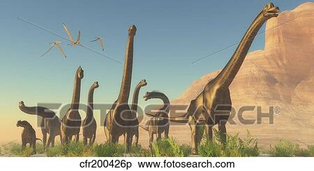 A herd of Brachiosaurus travel near a canyon mountain. View Large Illustration Stock Illustration - A herd of Brachiosaurus travel near a canyon mountain.. Fotosearch