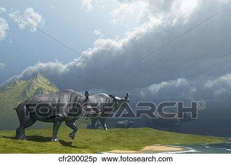Stock Illustration - A herd of Brontotherium dinosaurs come to the lake to drink.. Fotosearch