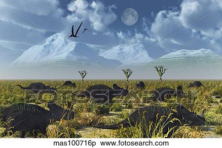 A herd of Centrosaurus dinosaurs on the move. View Large Illustration Stock Illustration - A herd of Centrosaurus dinosaurs on the move.. Fotosearch