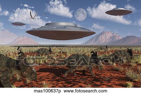 A herd of Centrosaurus dinosaurs walk past a group of UFO's. View Large Illustration Stock Illustration - A herd of Centrosaurus dinosaurs walk past a group of UFO's.. Fotosearch