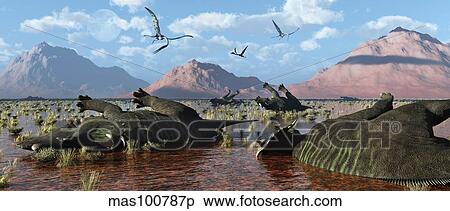 A herd of dead Centrosaurus dinosaurs killed by a flash flood. View Large Illustration Stock Illustration - A herd of dead Centrosaurus dinosaurs killed by a flash flood.. Fotosearch