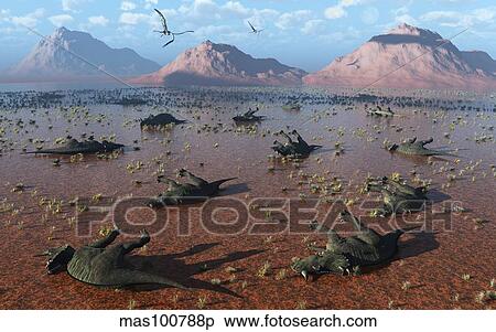 A herd of dead Centrosaurus dinosaurs killed by a flash flood. View Large Illustration Stock Illustration - A herd of dead Centrosaurus dinosaurs killed by a flash flood.. Fotosearch