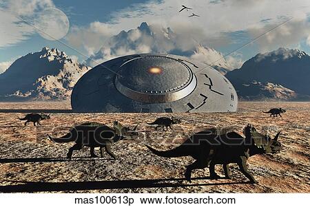 A herd of dinosaurs walk past a flying saucer lodged into the ground. View Large Illustration Stock Illustration - A herd of dinosaurs walk past a flying saucer lodged into the ground.. Fotosearch