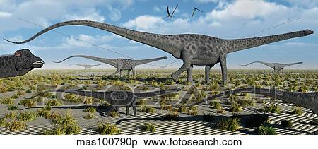 A herd of giant Diplodocus dinosaurs on the move. View Large Illustration Stock Illustration - A herd of giant Diplodocus dinosaurs on the move.. Fotosearch