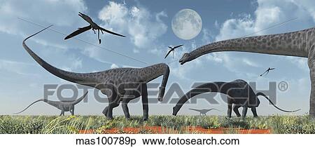Stock Illustration - A herd of giant Diplodocus dinosaurs grazing.. Fotosearch