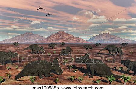 A herd of herbivorous Centrosaurus dinosaurs. View Large Illustration Stock Illustration - A herd of herbivorous Centrosaurus dinosaurs.. Fotosearch