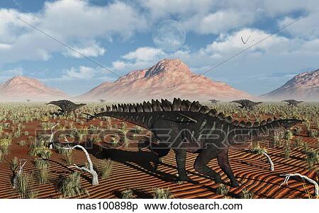 Stock Illustration - A herd of Miragaia dinosaurs migrating.. Fotosearch