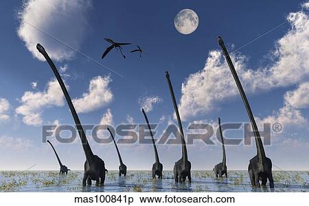 A herd of Omeisaurus dinosaurs on the move. View Large Illustration Stock Illustration - A herd of Omeisaurus dinosaurs on the move.. Fotosearch