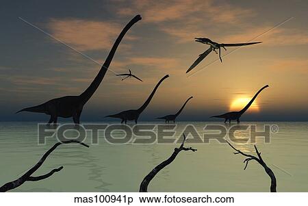 A herd of Omeisaurus dinosaurs walking through shallow waters. View Large Illustration Stock Illustration - A herd of Omeisaurus dinosaurs walking through shallow waters.. Fotosearch