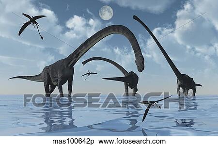 A herd of Omeisaurus sauropod dinosaurs in shallow water. View Large Illustration Stock Illustration - A herd of Omeisaurus sauropod dinosaurs in shallow water.. Fotosearch