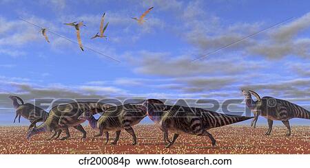 Stock Illustration - A herd of Parasaurolophus dinosaurs.. Fotosearch