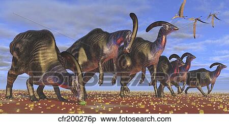 A herd of Parasaurolophus dinosaurs searching for vegetation. View Large Illustration Stock Illustration - A herd of Parasaurolophus dinosaurs searching for vegetation.. Fotosearch