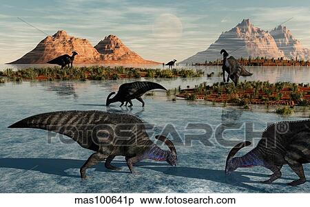 A herd of Parasaurolophus duckbill dinosaurs grazing. View Large Illustration Stock Illustration - A herd of Parasaurolophus duckbill dinosaurs grazing.. Fotosearch