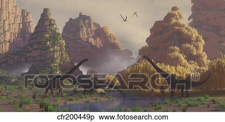 A herd of Sauroposeidon dinosaurs drinking from a river. View Large Illustration Stock Illustration - A herd of Sauroposeidon dinosaurs drinking from a river.. Fotosearch