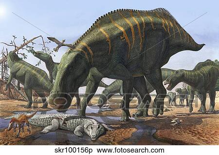 A herd of Shantungosaurus dinosaurs scavenging for food. View Large Illustration Stock Illustration - A herd of Shantungosaurus dinosaurs scavenging for food.. Fotosearch
