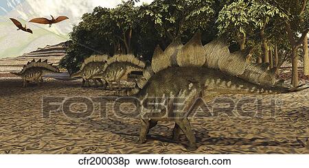Stock Illustration - A herd of Stegosaurus walk down a muddy riverbed.. Fotosearch