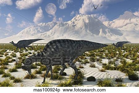 A herd of Velafrons hadrosaurid dinosaurs during the Cretaceous Period. View Large Illustration Stock Illustration - A herd of Velafrons hadrosaurid dinosaurs during the Cretaceous Period.. Fotosearch