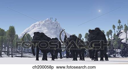 Stock Illustration - A herd of Woolly Mammoths migrate to a warmer climate in the Pleistocene Age.. Fotosearch