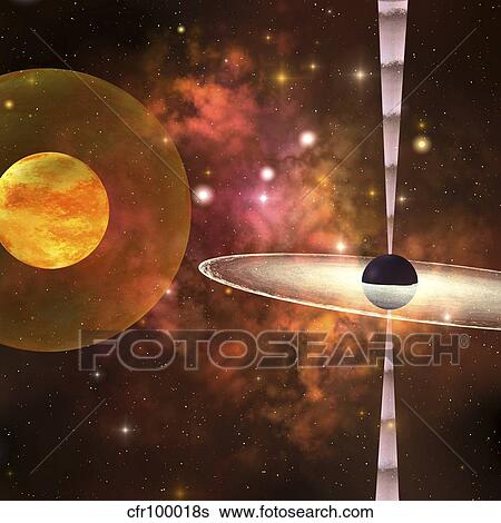 Stock Illustration - A huge sun encircled by an energy field orbits near a black hole in space.. Fotosearch