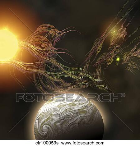 A huge sun radiates solar flares toward a nearby planet. View Large Illustration Stock Illustration - A huge sun radiates solar flares toward a nearby planet.. Fotosearch