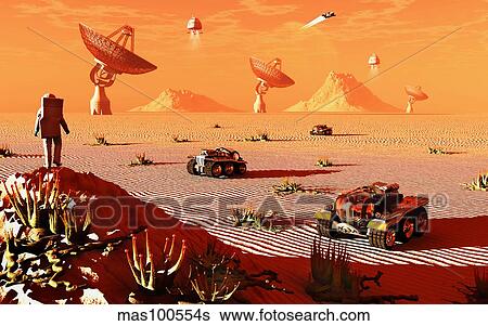 Stock Illustration - A human tracking station on a distant alien planet in the distant future.. Fotosearch