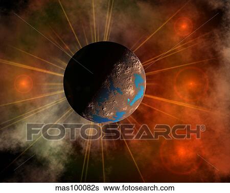 A hypothetical alien world with oceans. View Large Illustration Stock Illustration - A hypothetical alien world with oceans.. Fotosearch
