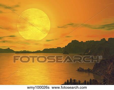 A hypothetical view across a rocky and watery terrain on extrasolar planet Gliese 581 c. View Large Illustration Stock Illustration - A hypothetical view across a rocky and watery terrain on extrasolar planet Gliese 581 c.. Fotosearch