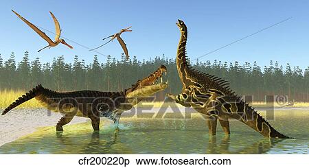 Stock Illustration - A Kaprosuchus reptile confronts an Agustinia dinosaur.. Fotosearch