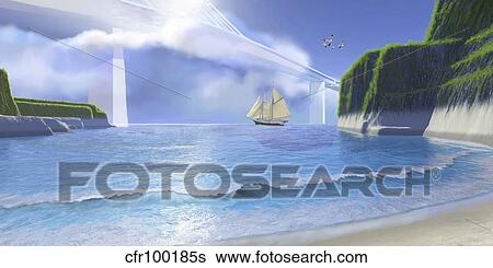 A ketch sails underneath a very high modern bridge. View Large Illustration Stock Illustration - A ketch sails underneath a very high modern bridge.. Fotosearch