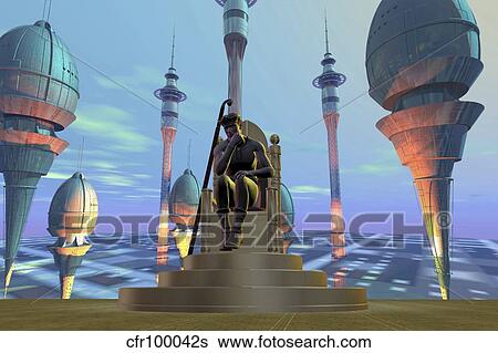 Stock Illustration - A king sits on his throne on a futuristic world.. Fotosearch