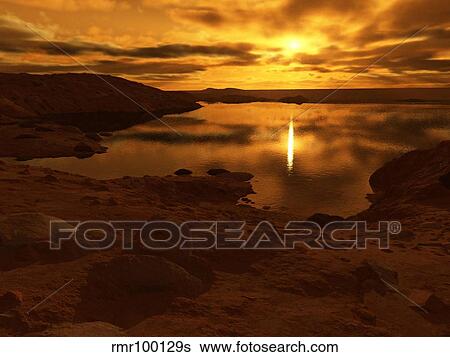 Stock Illustration - A lake of liquid methane on Saturn's giant moon, Titan.. Fotosearch
