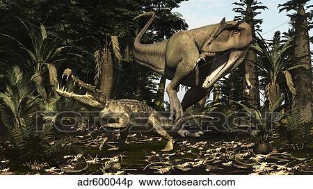 A large Carcharodontosaurus attacks a Kaprosuchus. View Large Illustration Stock Illustration - A large Carcharodontosaurus attacks a Kaprosuchus.. Fotosearch