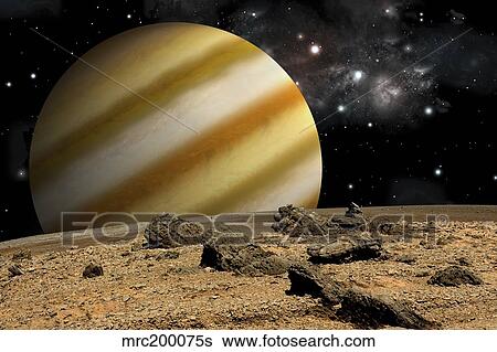 Stock Illustration - A large cloud covered planet rises over a rocky and barren alien world.. Fotosearch
