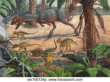A large Dracovenator chasing a group of Heterodontosaurus dinosaurs. View Large Illustration Stock Illustration - A large Dracovenator chasing a group of Heterodontosaurus dinosaurs.. Fotosearch