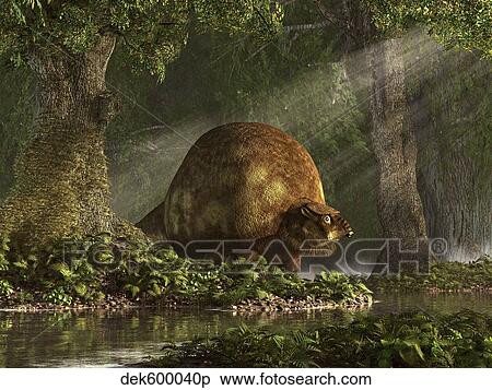 A large Glyptodon stands near the edge of a stream. View Large Illustration Stock Illustration - A large Glyptodon stands near the edge of a stream.. Fotosearch