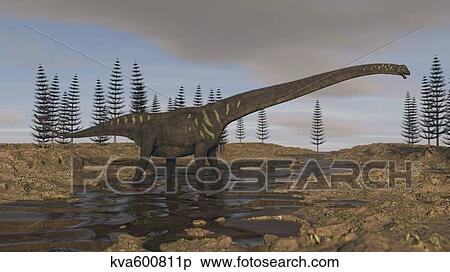 Stock Illustration - A large Mamenchisaurus walking along a dry riverbed.. Fotosearch