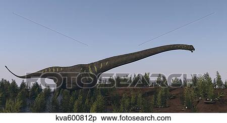Stock Illustration - A large Mamenchisaurus walking along a dry riverbed.. Fotosearch