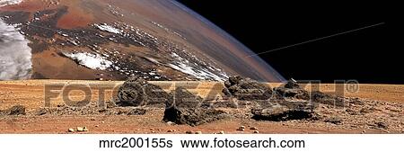 A large planet rises over the airless environment of a rocky alien landscape. View Large Photo Image Stock Photograph - A large planet rises over the airless environment of a rocky alien landscape.. Fotosearch