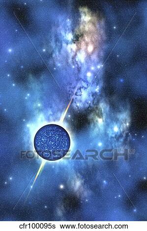 Stock Illustration - A large star with concentrated matter hovers in the cosmos.. Fotosearch