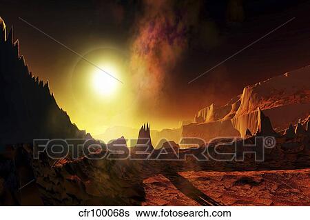 A large sun heats this alien planet which bakes in its glow. View Large Illustration Stock Illustration - A large sun heats this alien planet which bakes in its glow.. Fotosearch
