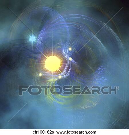 Stock Illustration - A large sun is veiled by surrounding nebular clouds.. Fotosearch