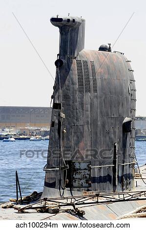 Picture - A Libyan Navy Foxtrot-class military submarine moored to the pier in Benghazi, Libya.. Fotosearch