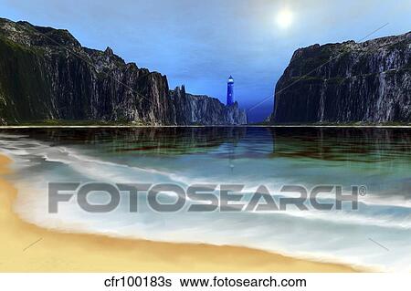 Stock Illustration - A lighthouse guards this beautiful cove.. Fotosearch